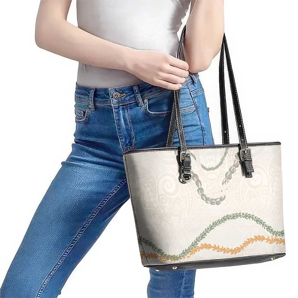 Aloha Lei Mikioi Leather Tote Bag Beige Polynesian Tribal Tatau Pattern LT9 - Polynesian Pride