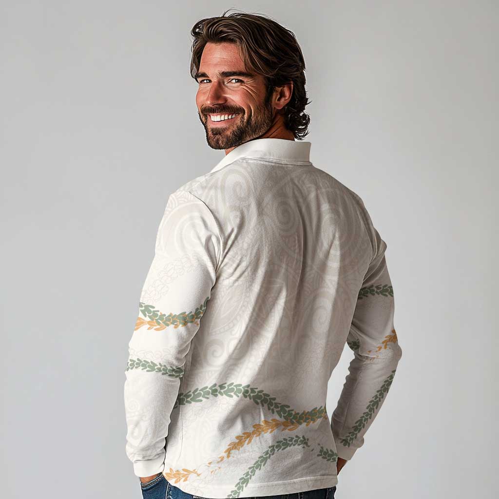 Aloha Lei Mikioi Long Sleeve Polo Shirt Beige Polynesian Tribal Tatau Pattern