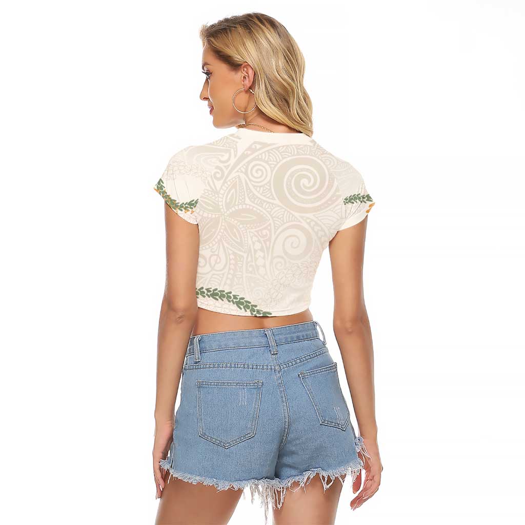 Aloha Lei Mikioi Raglan Cropped T Shirt Beige Polynesian Tribal Tatau Pattern