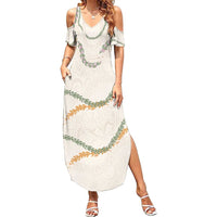 Aloha Lei Mikioi Summer Maxi Dress Beige Polynesian Tribal Tatau Pattern