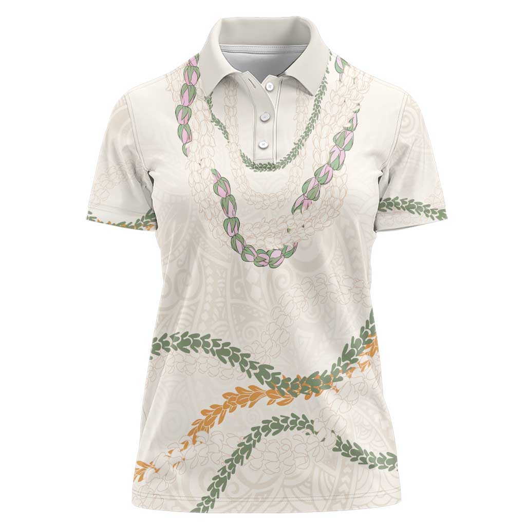 Aloha Lei Mikioi Women Polo Shirt Beige Polynesian Tribal Tatau Pattern