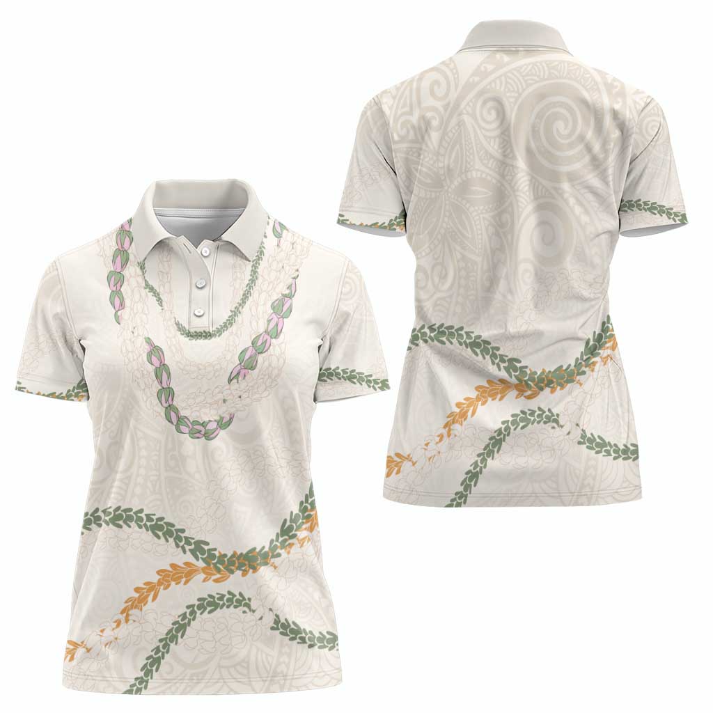 Aloha Lei Mikioi Women Polo Shirt Beige Polynesian Tribal Tatau Pattern