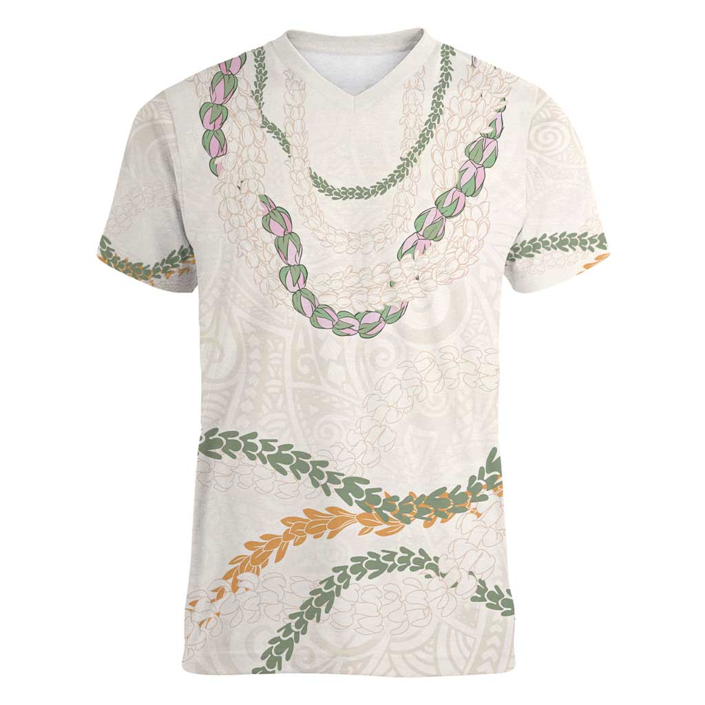 Aloha Lei Mikioi Women V-Neck T-Shirt Beige Polynesian Tribal Tatau Pattern LT9 Female Beige - Polynesian Pride