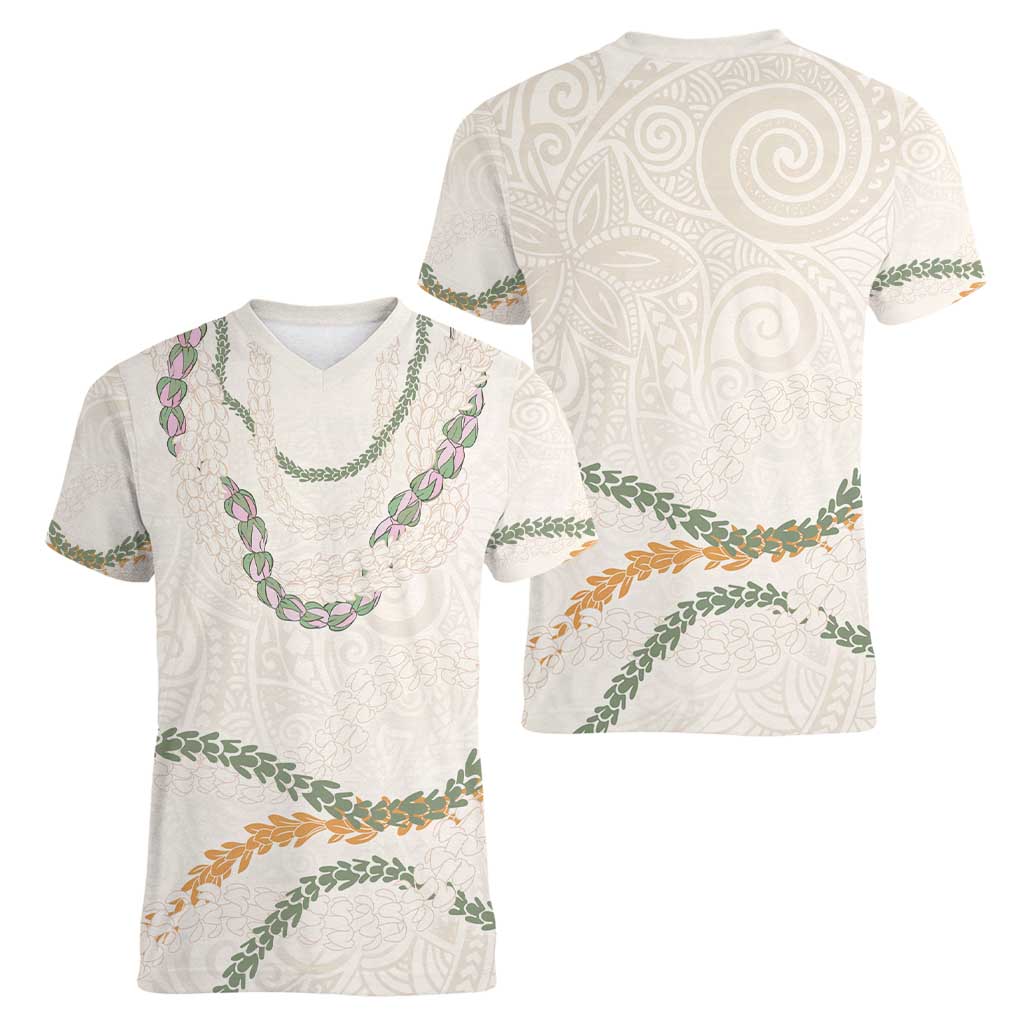 Aloha Lei Mikioi Women V-Neck T-Shirt Beige Polynesian Tribal Tatau Pattern LT9 - Polynesian Pride