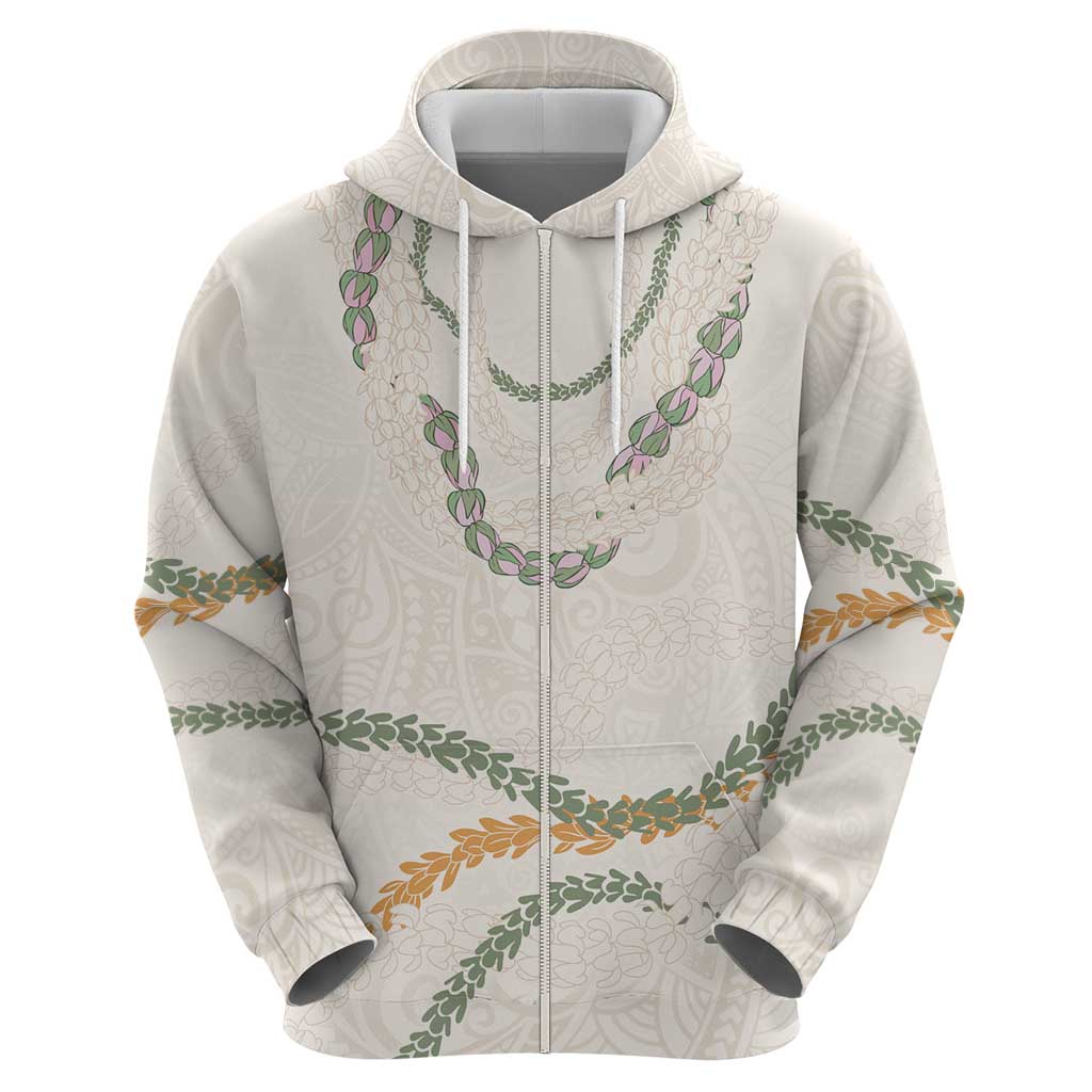 Aloha Lei Mikioi Zip Hoodie Beige Polynesian Tribal Tatau Pattern