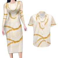Aloha Lei Mikioi Couples Matching Long Sleeve Bodycon Dress and Hawaiian Shirt Gold Polynesian Tribal Tatau Pattern