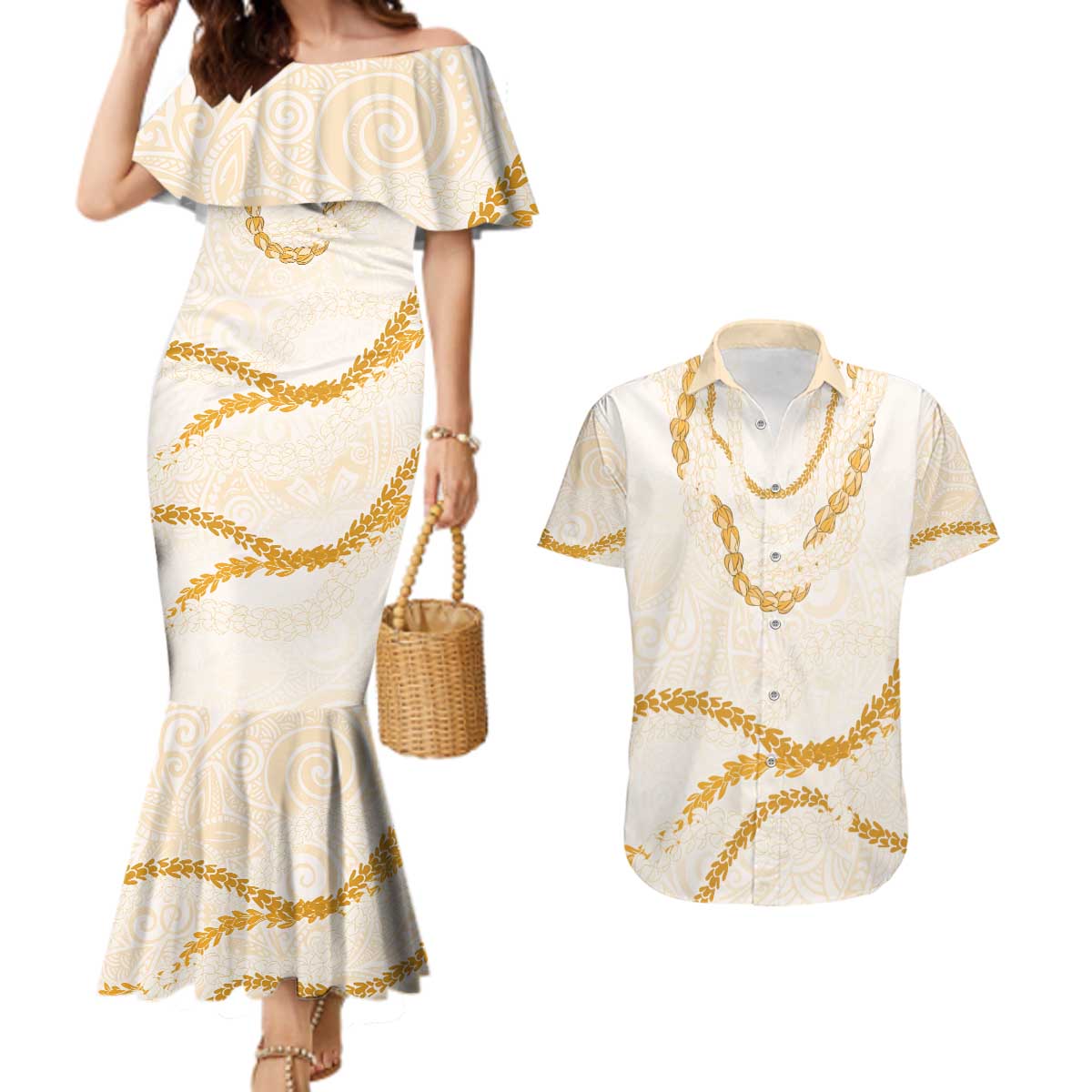 Aloha Lei Mikioi Couples Matching Mermaid Dress and Hawaiian Shirt Gold Polynesian Tribal Tatau Pattern LT9 Gold - Polynesian Pride