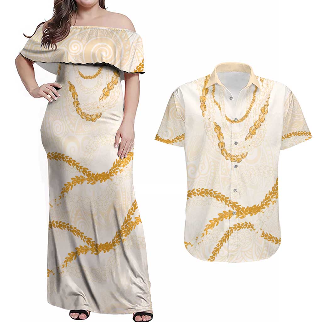 Aloha Lei Mikioi Couples Matching Off Shoulder Maxi Dress and Hawaiian Shirt Gold Polynesian Tribal Tatau Pattern LT9 Gold - Polynesian Pride
