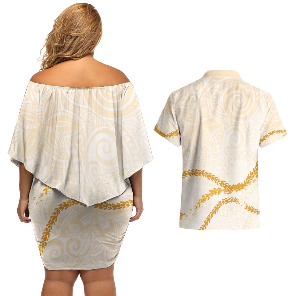 Aloha Lei Mikioi Couples Matching Off Shoulder Short Dress and Hawaiian Shirt Gold Polynesian Tribal Tatau Pattern LT9 - Polynesian Pride