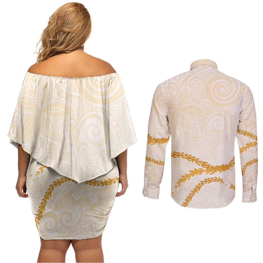 Aloha Lei Mikioi Couples Matching Off Shoulder Short Dress and Long Sleeve Button Shirt Gold Polynesian Tribal Tatau Pattern LT9 - Polynesian Pride
