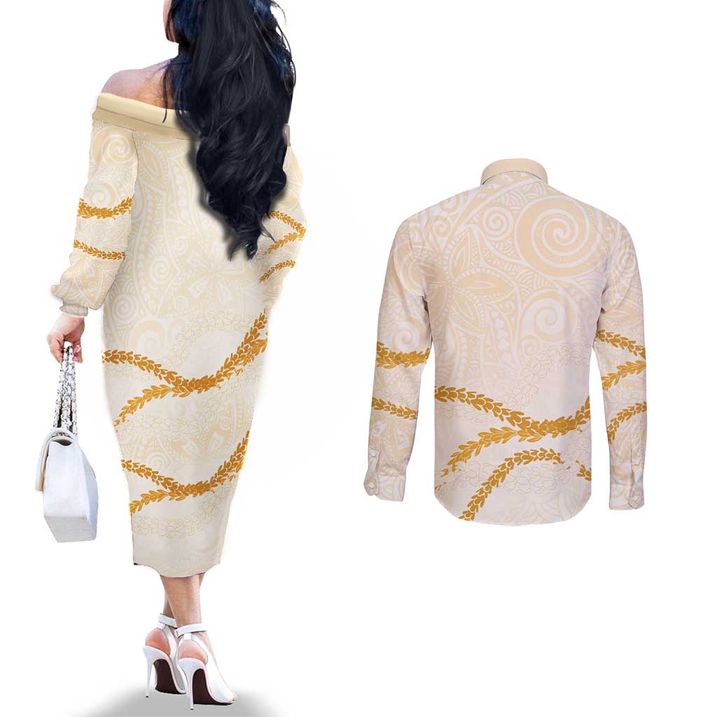 Aloha Lei Mikioi Couples Matching Off The Shoulder Long Sleeve Dress and Long Sleeve Button Shirt Gold Polynesian Tribal Tatau Pattern LT9 - Polynesian Pride