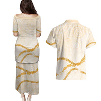 Aloha Lei Mikioi Couples Matching Puletasi and Hawaiian Shirt Gold Polynesian Tribal Tatau Pattern LT9 - Polynesian Pride
