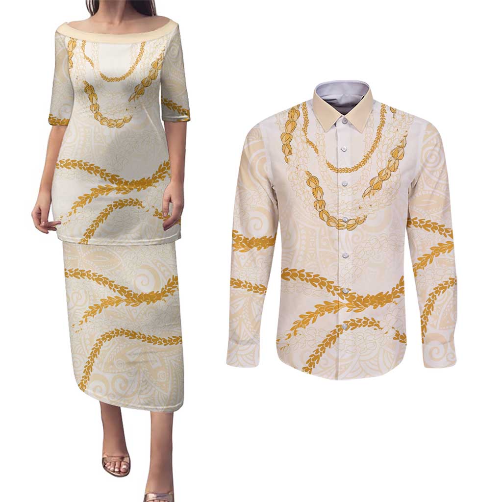 Aloha Lei Mikioi Couples Matching Puletasi and Long Sleeve Button Shirt Gold Polynesian Tribal Tatau Pattern
