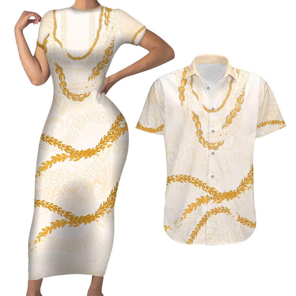 Aloha Lei Mikioi Couples Matching Short Sleeve Bodycon Dress and Hawaiian Shirt Gold Polynesian Tribal Tatau Pattern LT9 Gold - Polynesian Pride