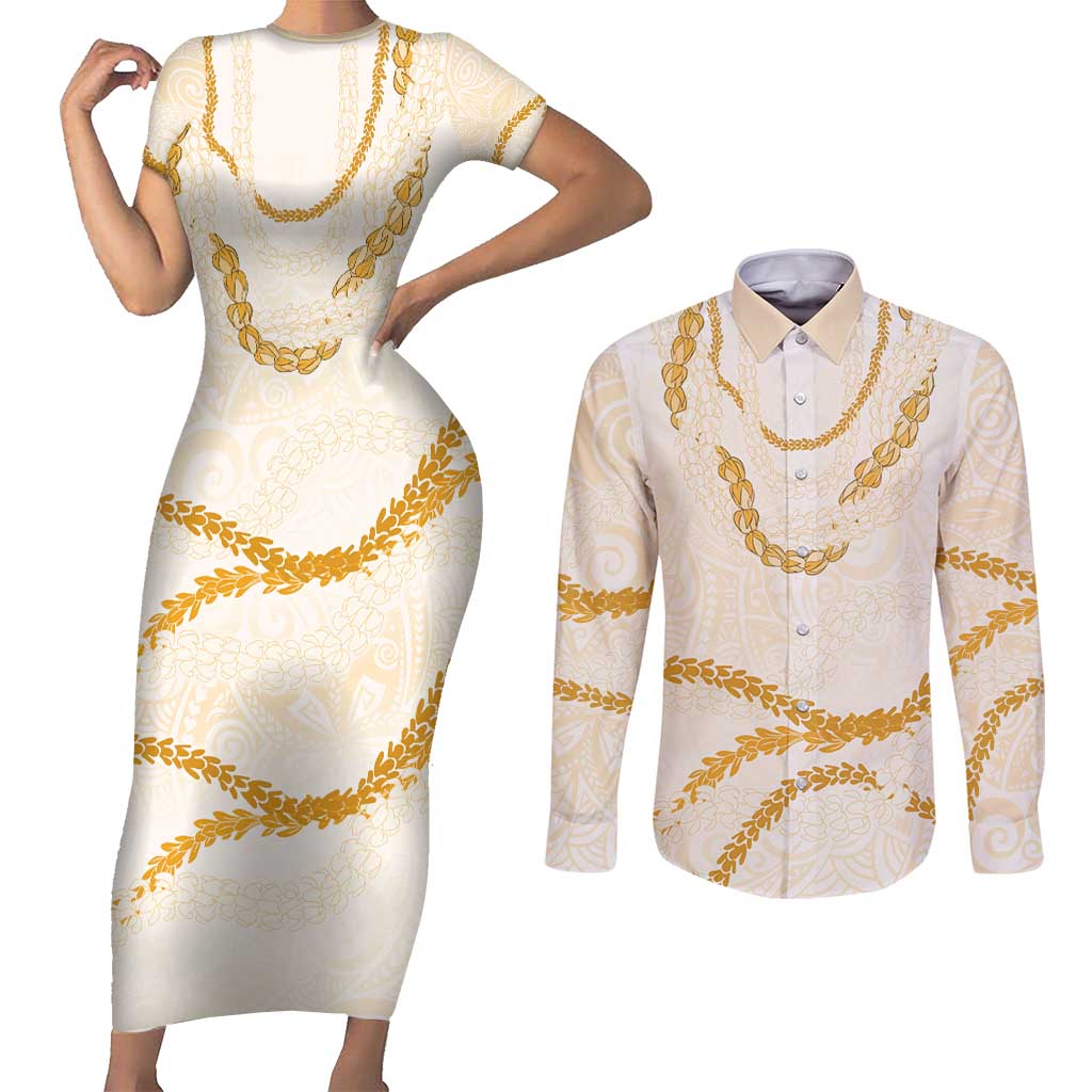 Aloha Lei Mikioi Couples Matching Short Sleeve Bodycon Dress and Long Sleeve Button Shirt Gold Polynesian Tribal Tatau Pattern LT9 Gold - Polynesian Pride