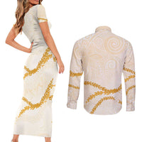 Aloha Lei Mikioi Couples Matching Short Sleeve Bodycon Dress and Long Sleeve Button Shirt Gold Polynesian Tribal Tatau Pattern LT9 - Polynesian Pride