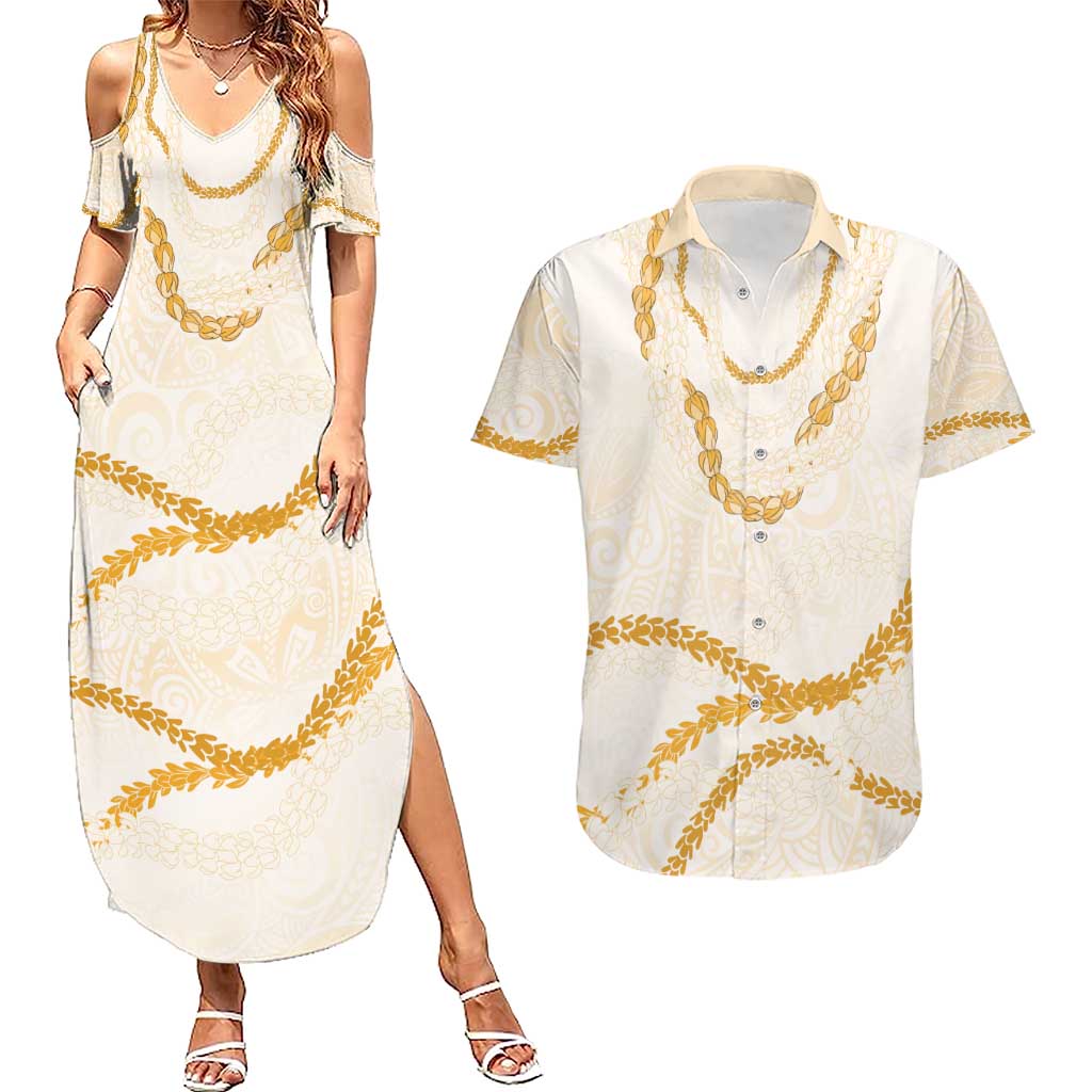 Aloha Lei Mikioi Couples Matching Summer Maxi Dress and Hawaiian Shirt Gold Polynesian Tribal Tatau Pattern LT9 Gold - Polynesian Pride