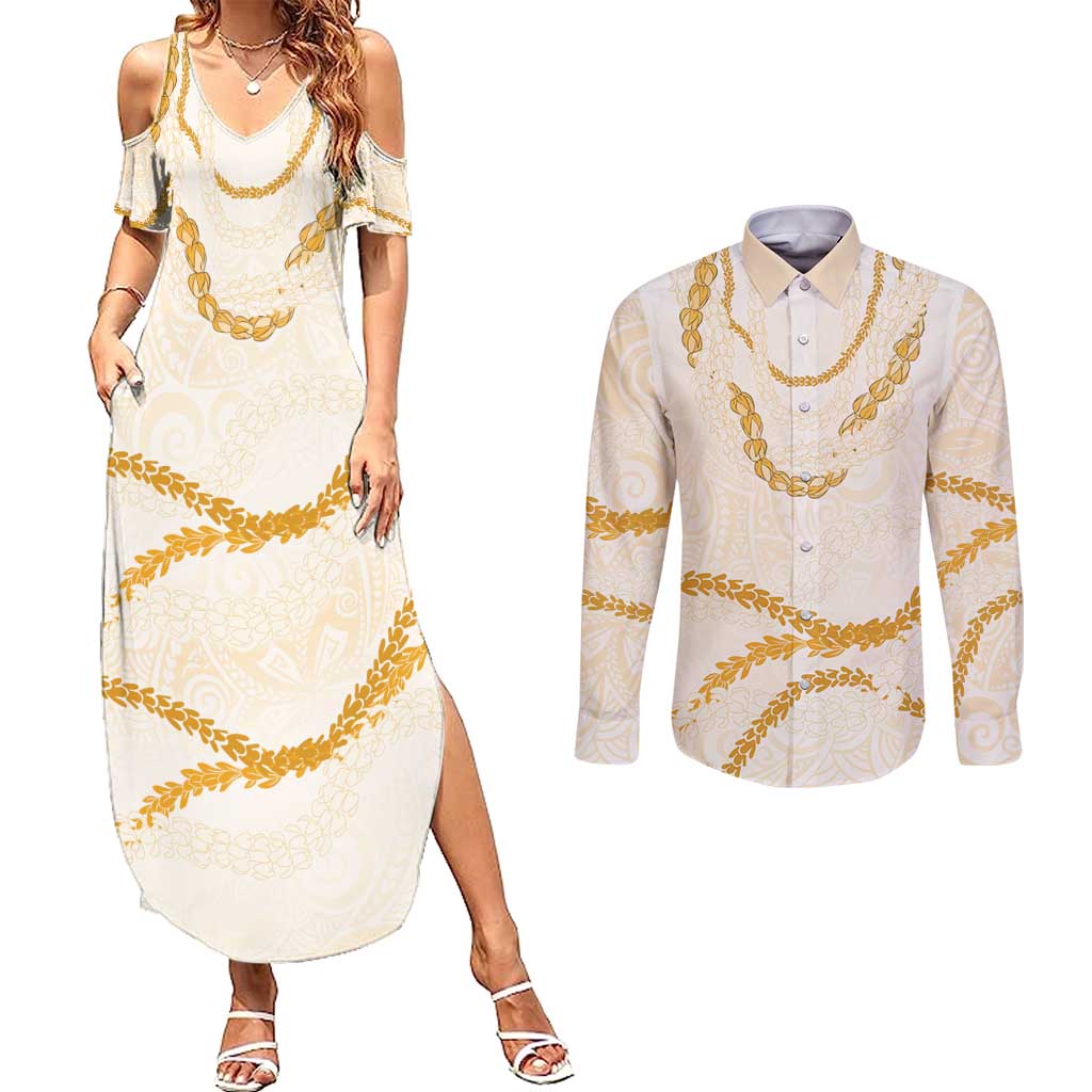 Aloha Lei Mikioi Couples Matching Summer Maxi Dress and Long Sleeve Button Shirt Gold Polynesian Tribal Tatau Pattern LT9 Gold - Polynesian Pride