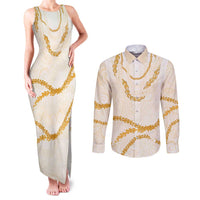 Aloha Lei Mikioi Couples Matching Tank Maxi Dress and Long Sleeve Button Shirt Gold Polynesian Tribal Tatau Pattern