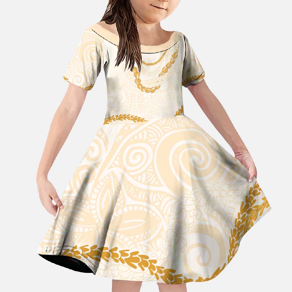 Aloha Lei Mikioi Family Matching Long Sleeve Bodycon Dress and Hawaiian Shirt Gold Polynesian Tribal Tatau Pattern LT9 Daughter's Dress Gold - Polynesian Pride