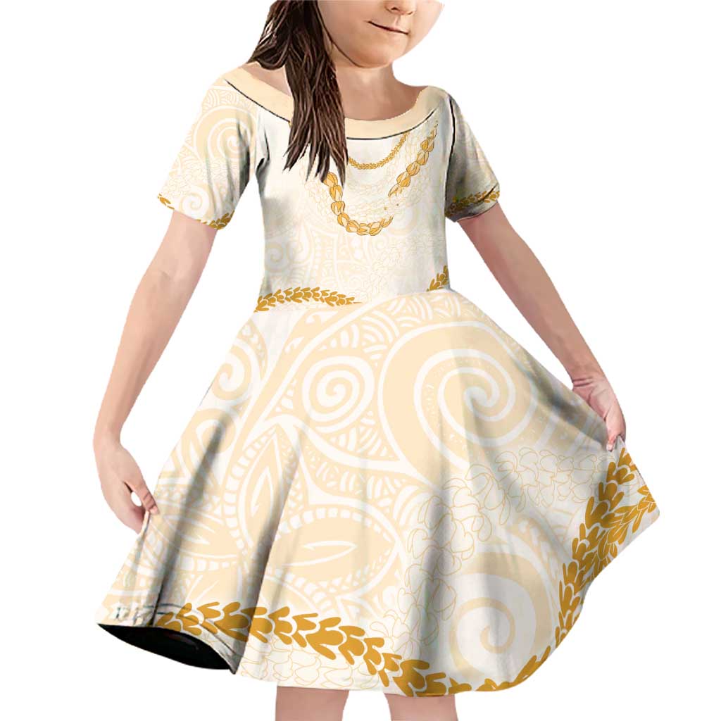 Aloha Lei Mikioi Family Matching Off Shoulder Short Dress and Hawaiian Shirt Gold Polynesian Tribal Tatau Pattern