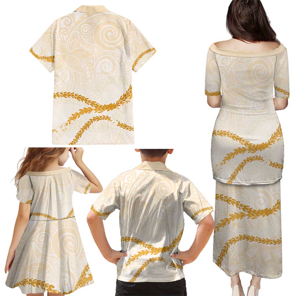 Aloha Lei Mikioi Family Matching Puletasi and Hawaiian Shirt Gold Polynesian Tribal Tatau Pattern