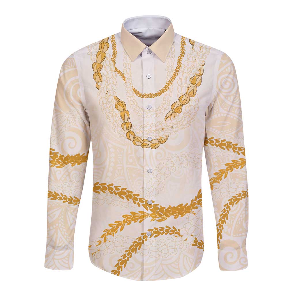 Aloha Lei Mikioi Long Sleeve Button Shirt Gold Polynesian Tribal Tatau Pattern