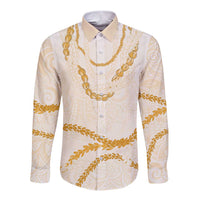 Aloha Lei Mikioi Long Sleeve Button Shirt Gold Polynesian Tribal Tatau Pattern