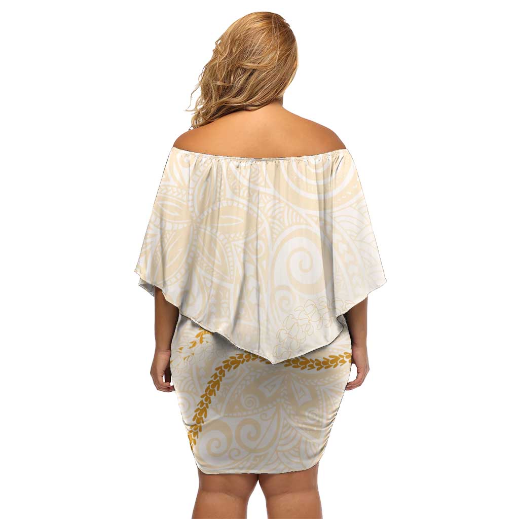 Aloha Lei Mikioi Off Shoulder Short Dress Gold Polynesian Tribal Tatau Pattern
