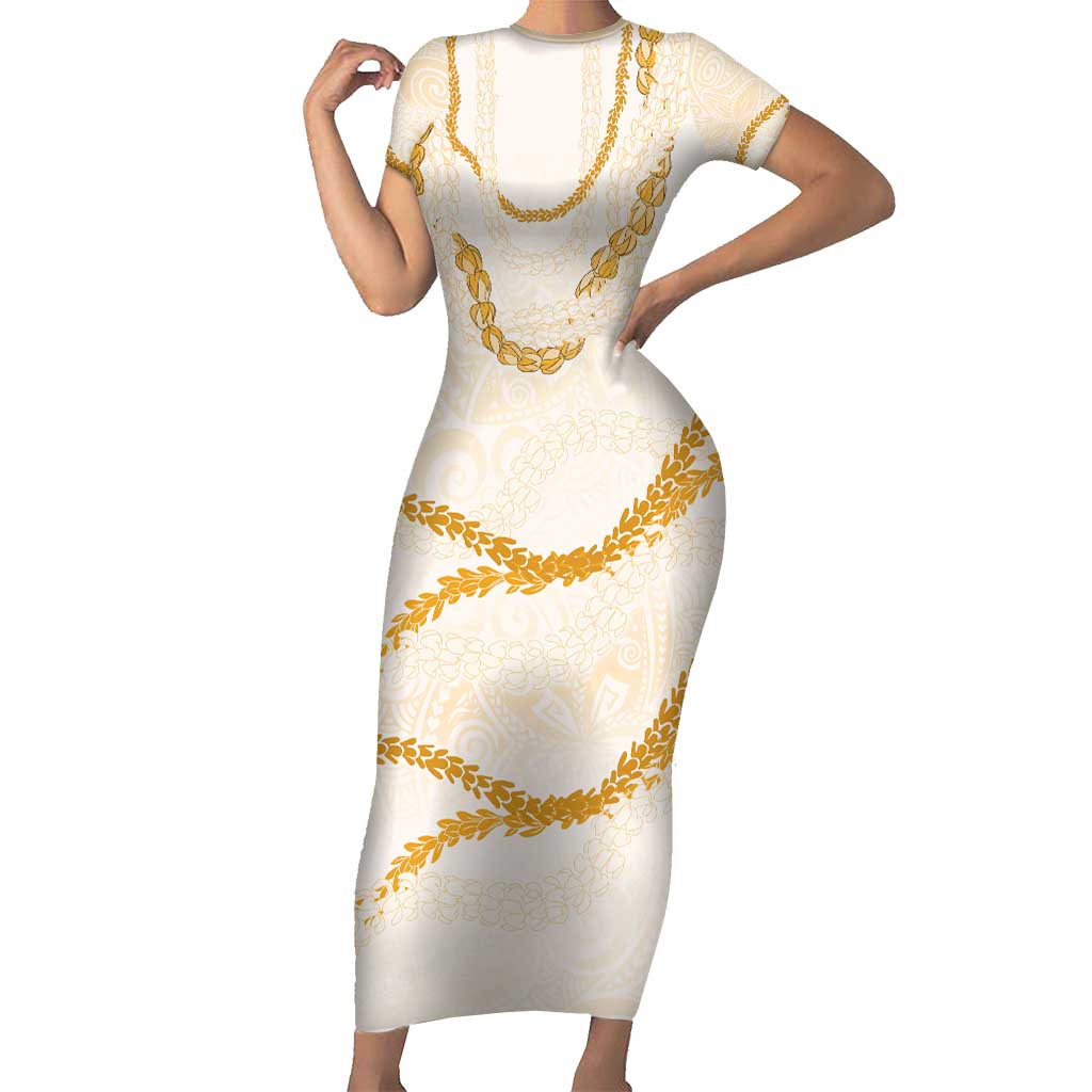 Aloha Lei Mikioi Short Sleeve Bodycon Dress Gold Polynesian Tribal Tatau Pattern