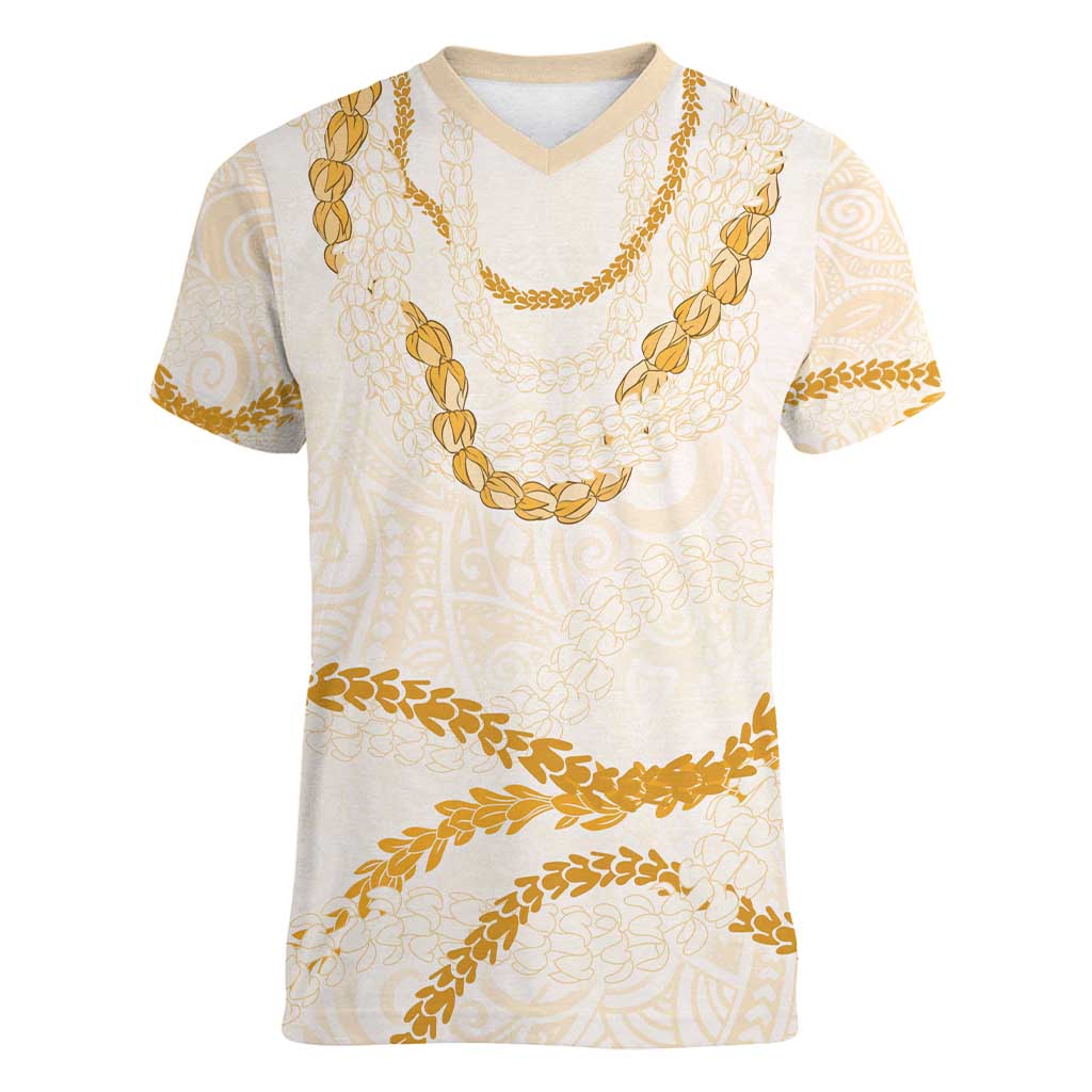 Aloha Lei Mikioi Women V-Neck T-Shirt Gold Polynesian Tribal Tatau Pattern LT9 Female Gold - Polynesian Pride