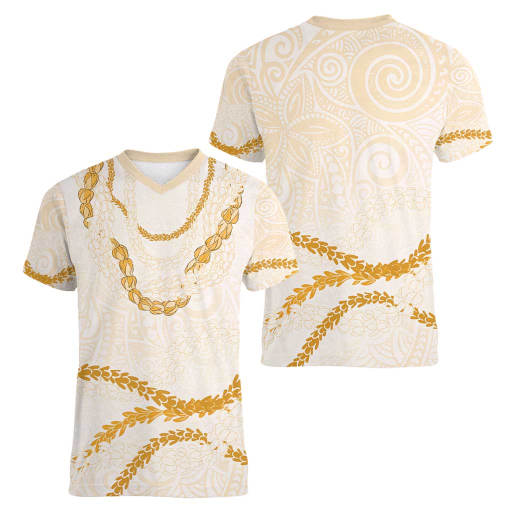 Aloha Lei Mikioi Women V-Neck T-Shirt Gold Polynesian Tribal Tatau Pattern LT9 - Polynesian Pride