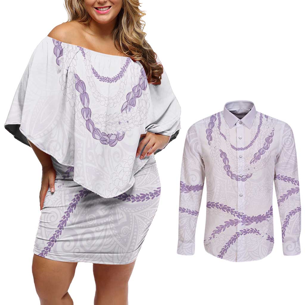 Aloha Lei Mikioi Couples Matching Off Shoulder Short Dress and Long Sleeve Button Shirt Purple Polynesian Tribal Tatau Pattern LT9 Purple - Polynesian Pride