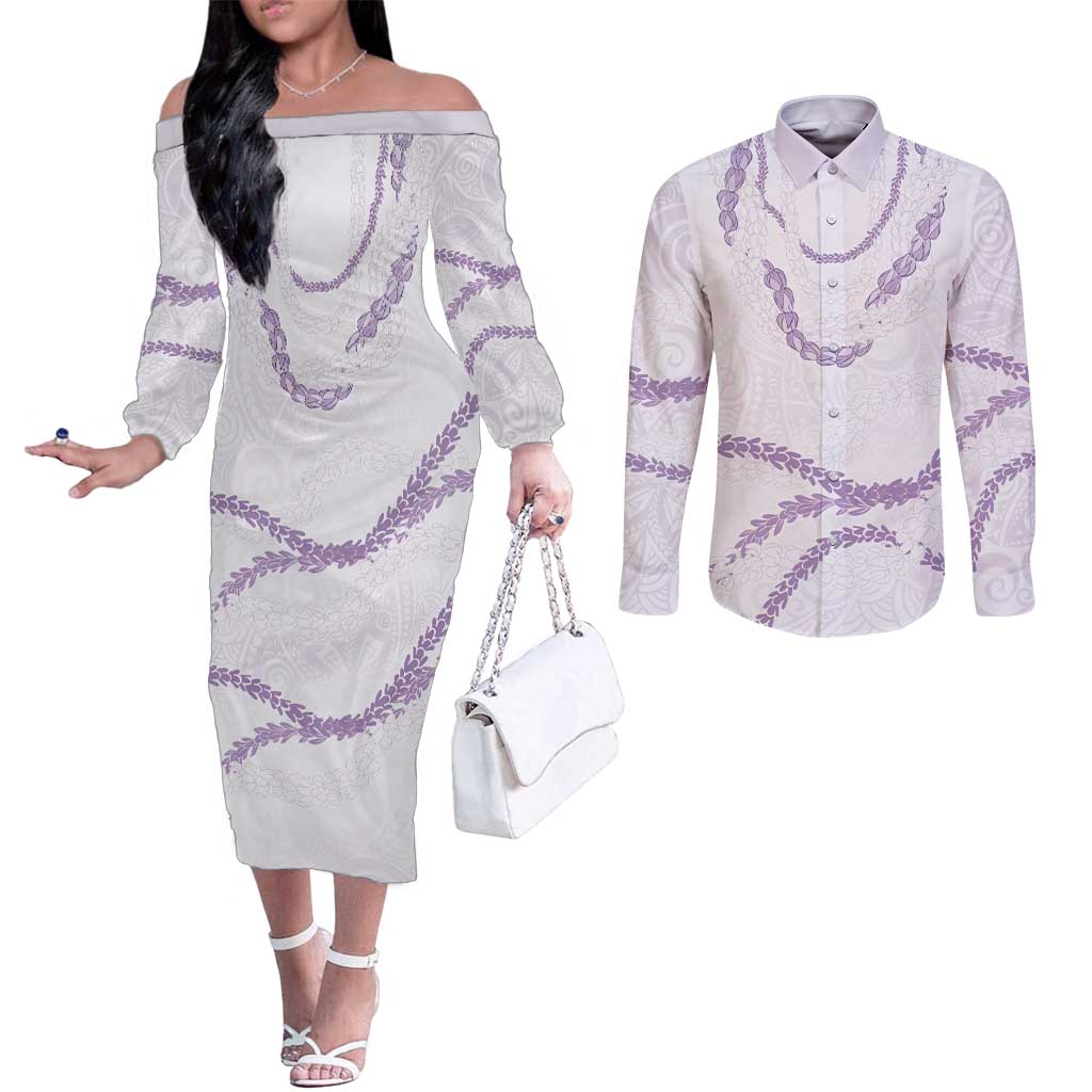 Aloha Lei Mikioi Couples Matching Off The Shoulder Long Sleeve Dress and Long Sleeve Button Shirt Purple Polynesian Tribal Tatau Pattern LT9 Purple - Polynesian Pride