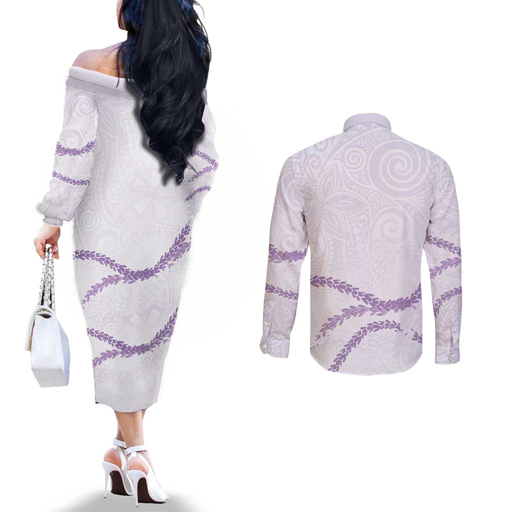 Aloha Lei Mikioi Couples Matching Off The Shoulder Long Sleeve Dress and Long Sleeve Button Shirt Purple Polynesian Tribal Tatau Pattern LT9 - Polynesian Pride