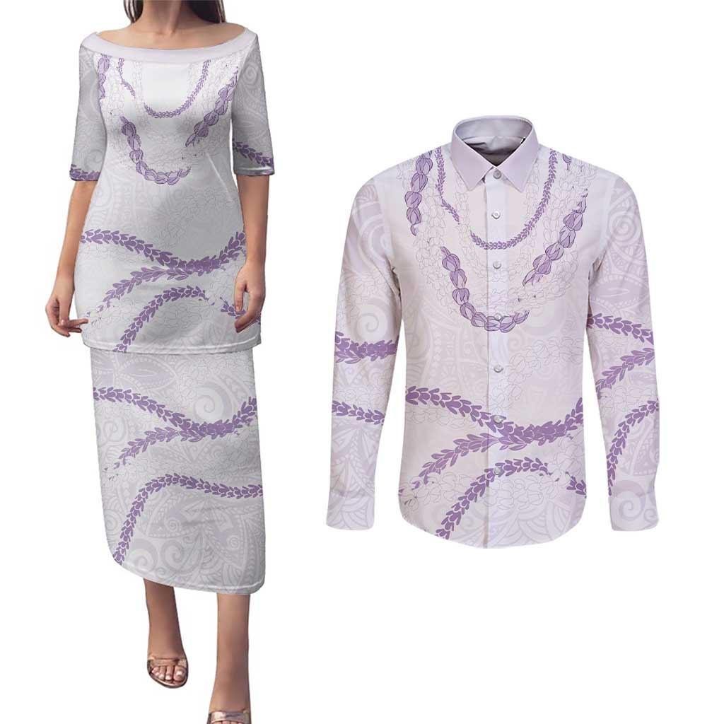 Aloha Lei Mikioi Couples Matching Puletasi and Long Sleeve Button Shirt Purple Polynesian Tribal Tatau Pattern LT9 Purple - Polynesian Pride