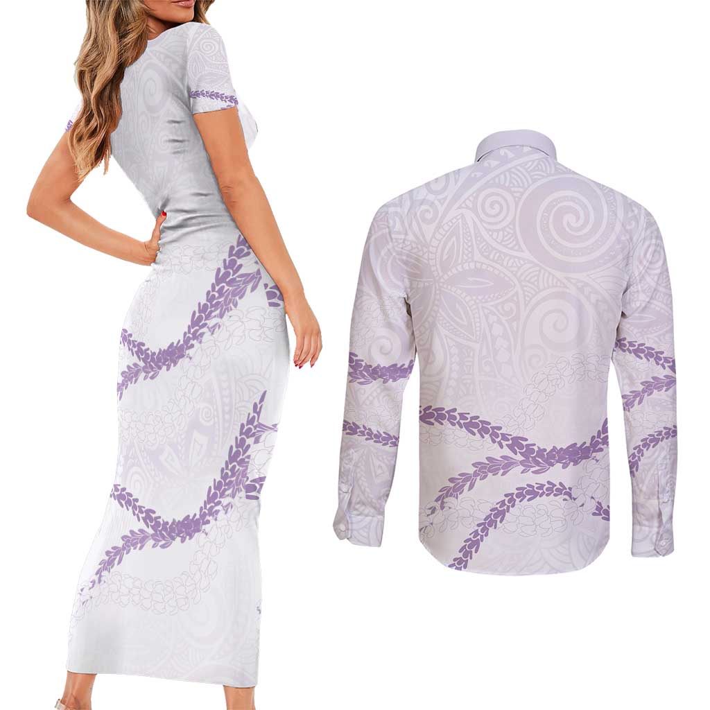Aloha Lei Mikioi Couples Matching Short Sleeve Bodycon Dress and Long Sleeve Button Shirt Purple Polynesian Tribal Tatau Pattern LT9 - Polynesian Pride