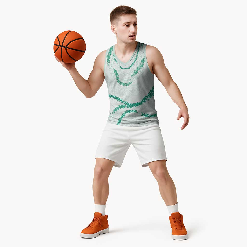 Aloha Lei Mikioi Basketball Jersey Sage Green Polynesian Tribal Tatau Pattern - Polynesian Pride