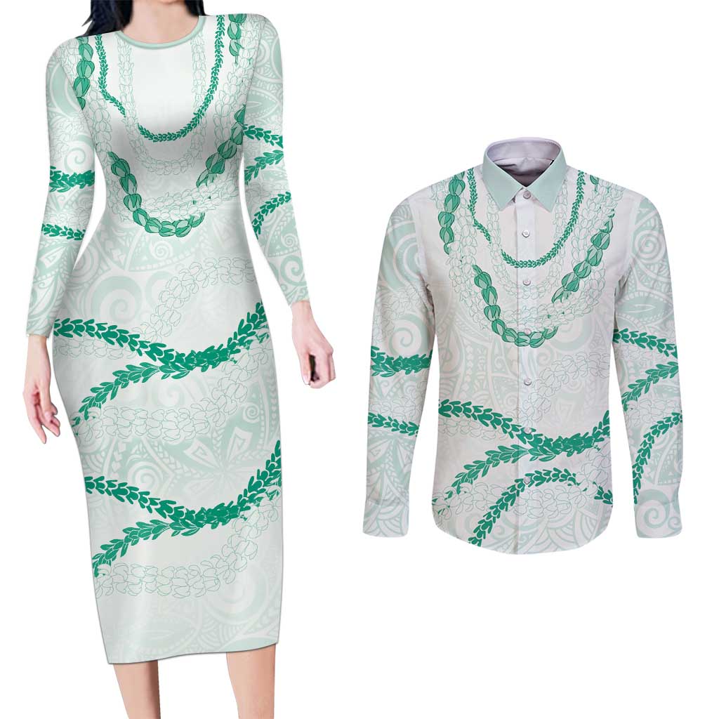 Aloha Lei Mikioi Couples Matching Long Sleeve Bodycon Dress and Long Sleeve Button Shirt Sage Green Polynesian Tribal Tatau Pattern LT9 Green - Polynesian Pride