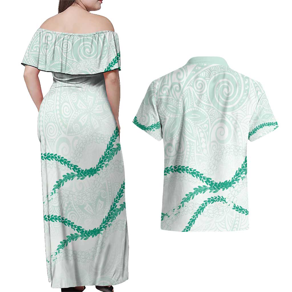 Aloha Lei Mikioi Couples Matching Off Shoulder Maxi Dress and Hawaiian Shirt Sage Green Polynesian Tribal Tatau Pattern LT9 - Polynesian Pride