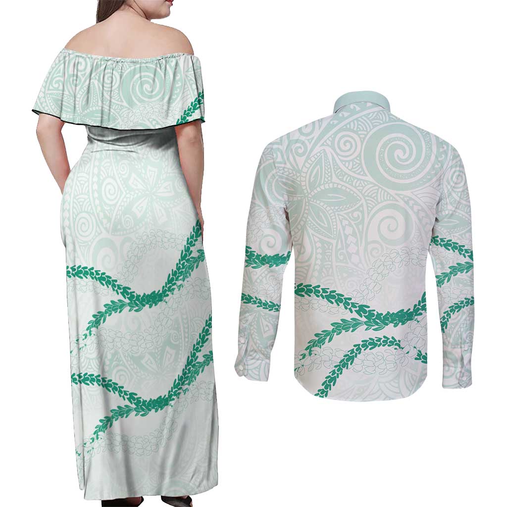 Aloha Lei Mikioi Couples Matching Off Shoulder Maxi Dress and Long Sleeve Button Shirt Sage Green Polynesian Tribal Tatau Pattern LT9 - Polynesian Pride