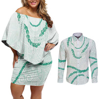 Aloha Lei Mikioi Couples Matching Off Shoulder Short Dress and Long Sleeve Button Shirt Sage Green Polynesian Tribal Tatau Pattern LT9 Green - Polynesian Pride