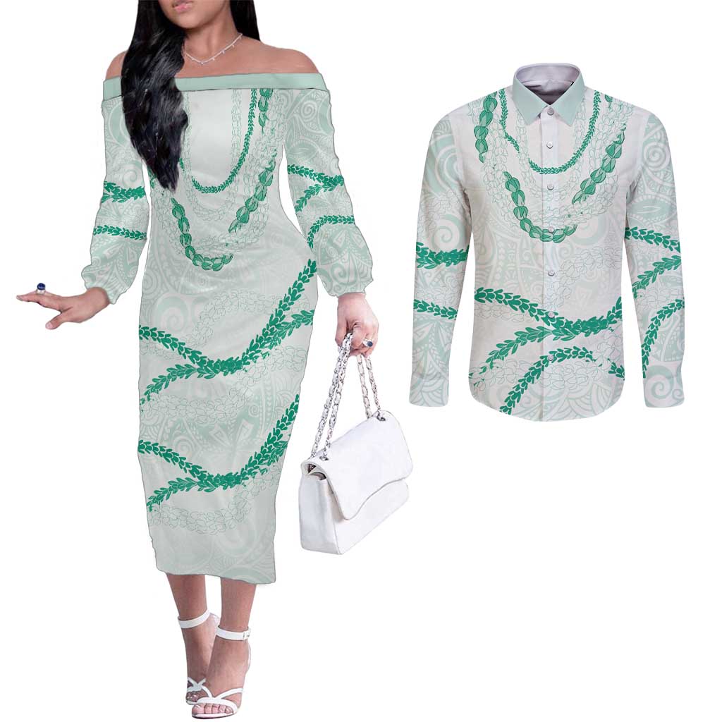 Aloha Lei Mikioi Couples Matching Off The Shoulder Long Sleeve Dress and Long Sleeve Button Shirt Sage Green Polynesian Tribal Tatau Pattern LT9 Green - Polynesian Pride