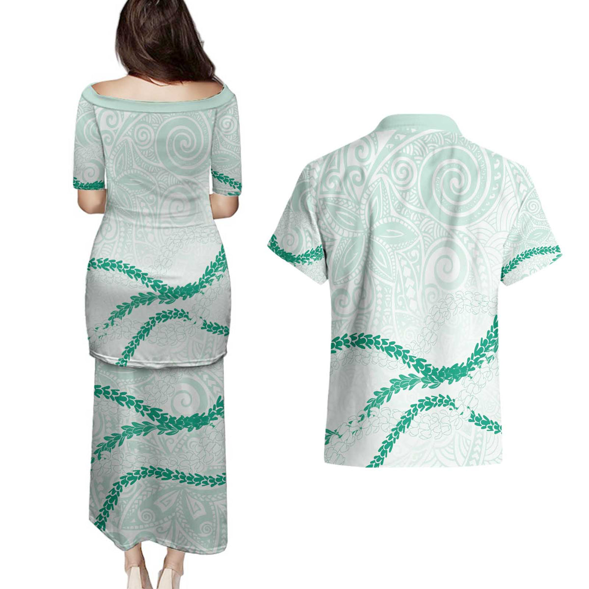Aloha Lei Mikioi Couples Matching Puletasi and Hawaiian Shirt Sage Green Polynesian Tribal Tatau Pattern LT9 - Polynesian Pride