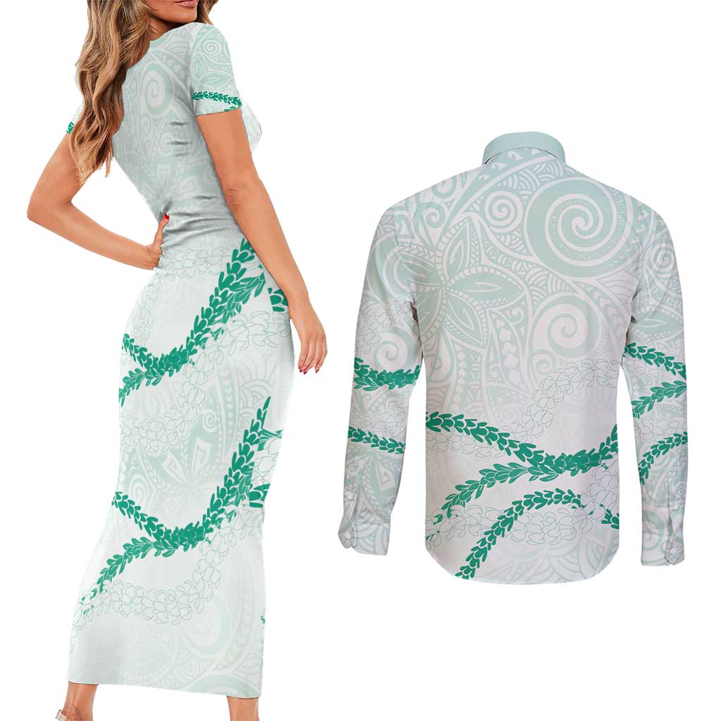 Aloha Lei Mikioi Couples Matching Short Sleeve Bodycon Dress and Long Sleeve Button Shirt Sage Green Polynesian Tribal Tatau Pattern LT9 - Polynesian Pride