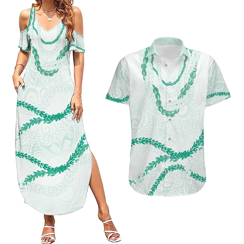 Aloha Lei Mikioi Couples Matching Summer Maxi Dress and Hawaiian Shirt Sage Green Polynesian Tribal Tatau Pattern