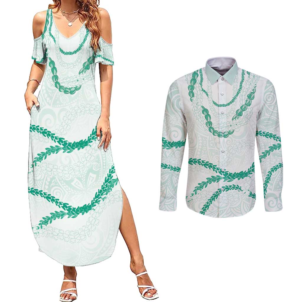 Aloha Lei Mikioi Couples Matching Summer Maxi Dress and Long Sleeve Button Shirt Sage Green Polynesian Tribal Tatau Pattern LT9 Green - Polynesian Pride