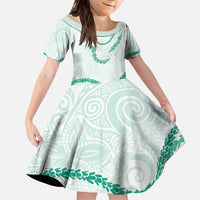 Aloha Lei Mikioi Family Matching Long Sleeve Bodycon Dress and Hawaiian Shirt Sage Green Polynesian Tribal Tatau Pattern LT9 Daughter's Dress Green - Polynesian Pride
