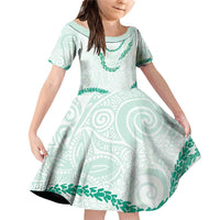 Aloha Lei Mikioi Family Matching Off Shoulder Short Dress and Hawaiian Shirt Sage Green Polynesian Tribal Tatau Pattern LT9 Daughter's Dress Green - Polynesian Pride