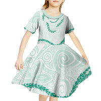 Aloha Lei Mikioi Kid Short Sleeve Dress Sage Green Polynesian Tribal Tatau Pattern